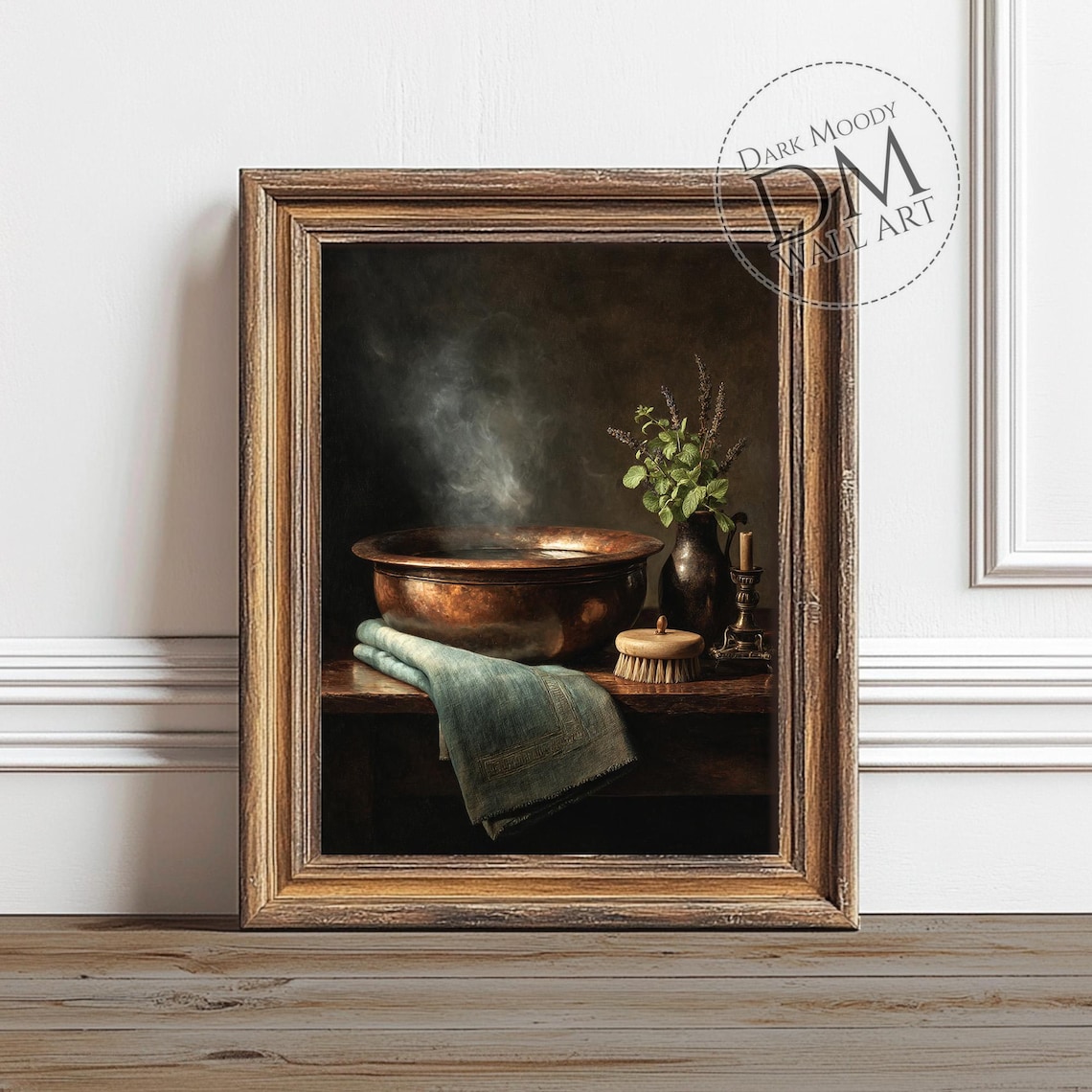 Copper Basin Still Life With Steam Herbs Dark Vintage Painting Poster