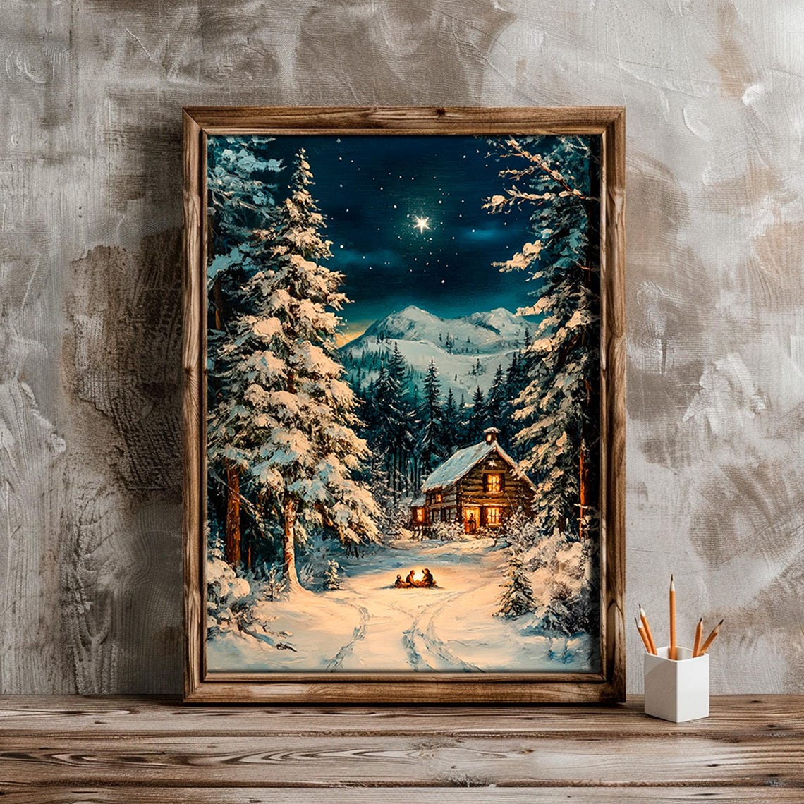 Starlit Log Cabin in Snowy Pine Forest Christmas Night Wall Art - Image 5