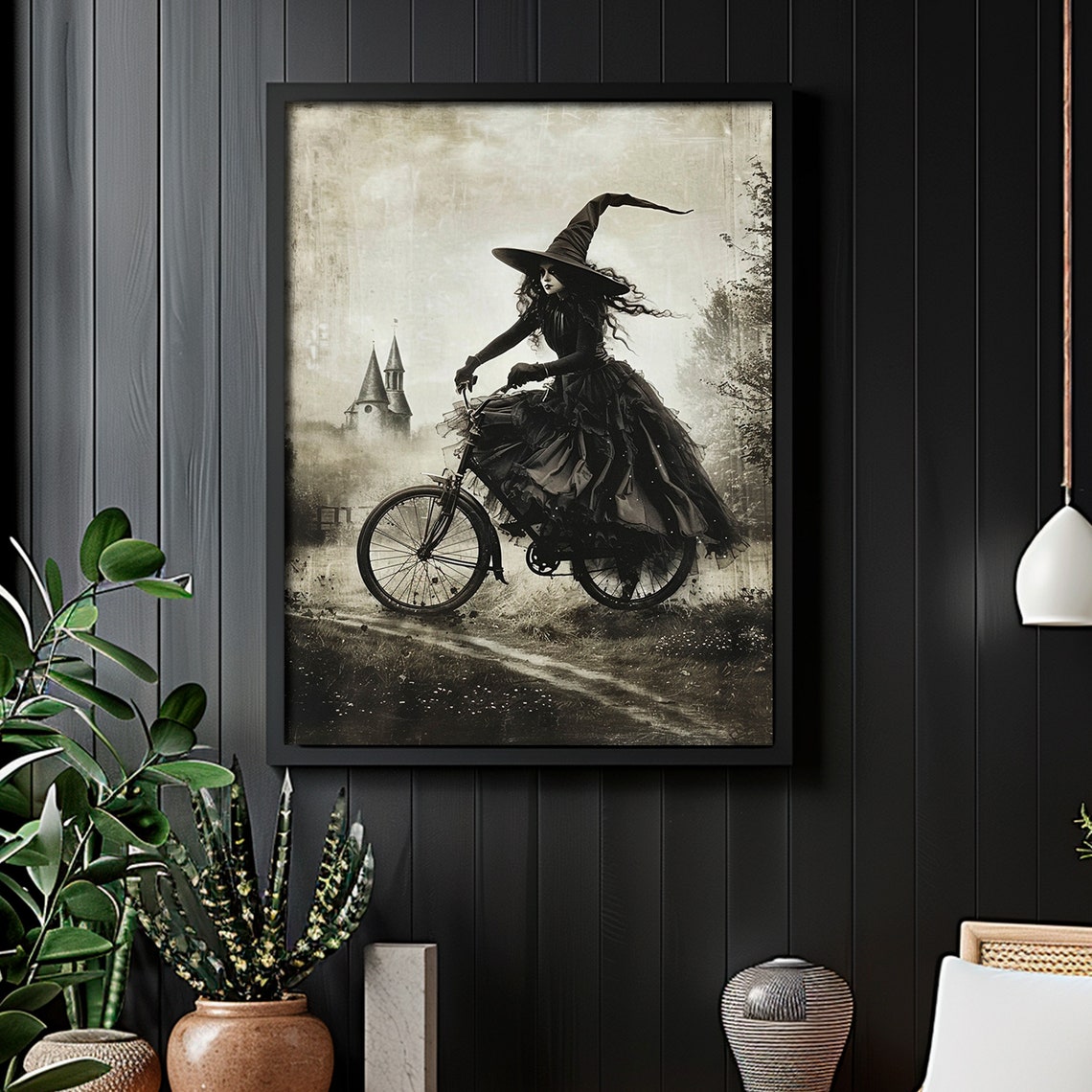 Witch Riding Bicycle Misty Path Castle Vintage Sepia Art Poster - Image 4