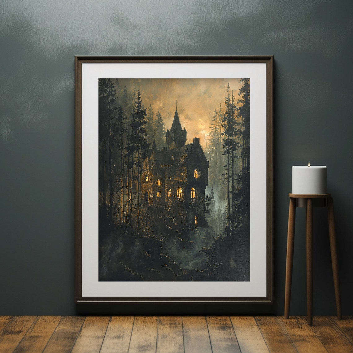Gothic Castle Pine Forest Moonlight Halloween Painting Poster - Image 6