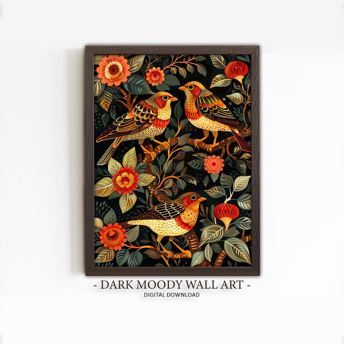 Colorful Folk Art Birds with Flowers Russian Khokhloma Style Poster
