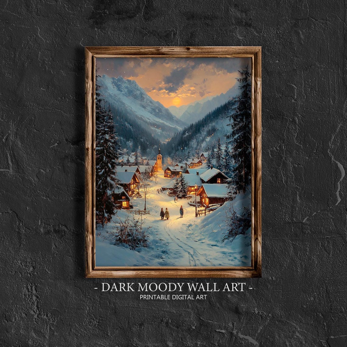 Golden Sunset Over Snowy Mountain Village Winter Evening Wall Art