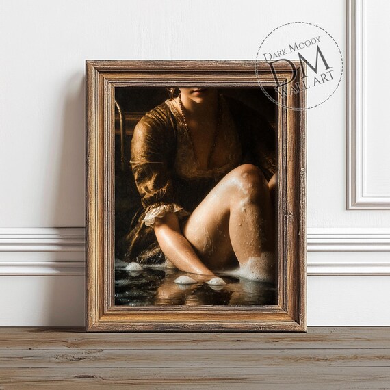 Moody Vintage Bath Scene Candlelit Woman Classical Oil Painting Poster