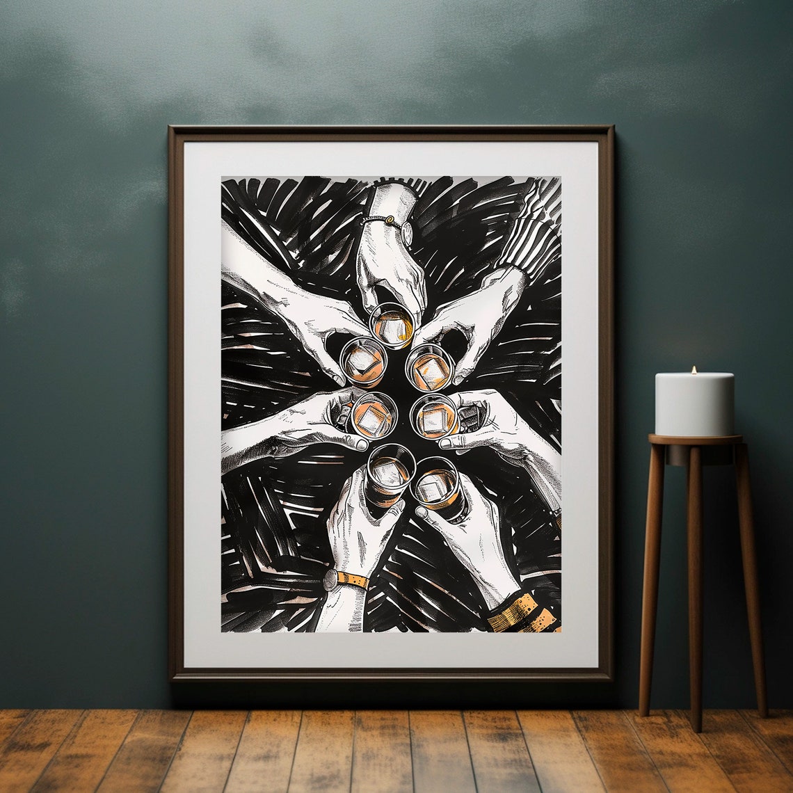 Seven Hands Whiskey Shot Glasses Cheers Toast Dark Moody Bar Poster - Image 2