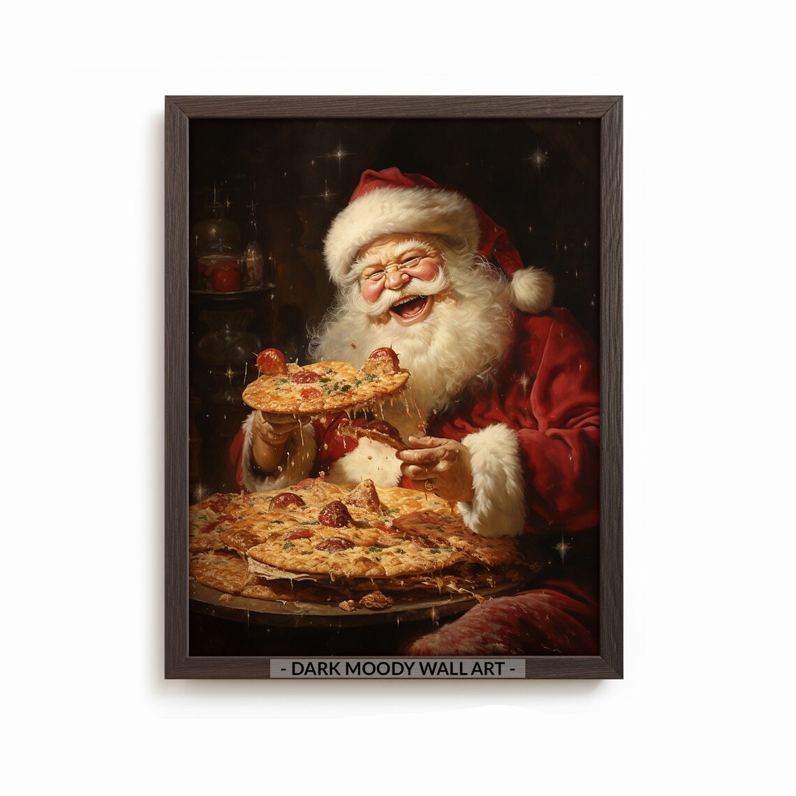 Funny Santa Claus Eating Pizza Painting Christmas Holiday Poster