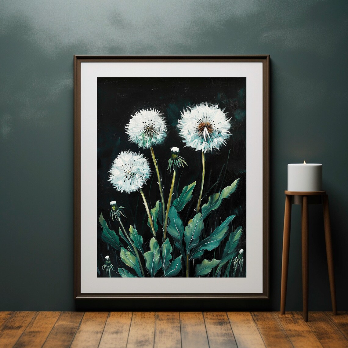 Dandelion Seed Heads Dark Green Night Botanical Artwork Poster - Image 6