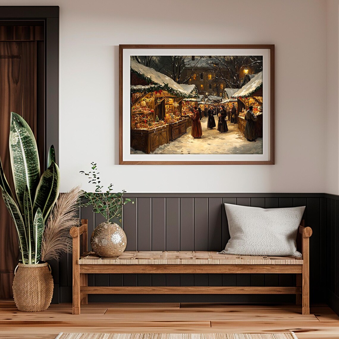 Snowy Christmas Market Stalls Night Shoppers Vintage Painting Poster - Image 5