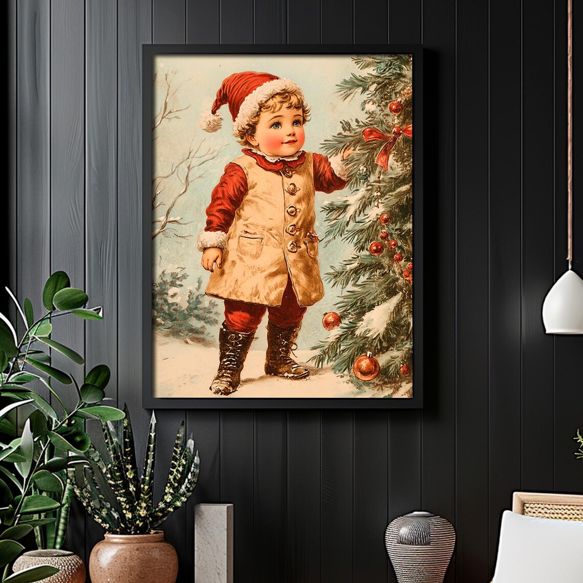 Retro Boy in Santa Hat Beside Decorated Christmas Tree Wall Art - Image 2