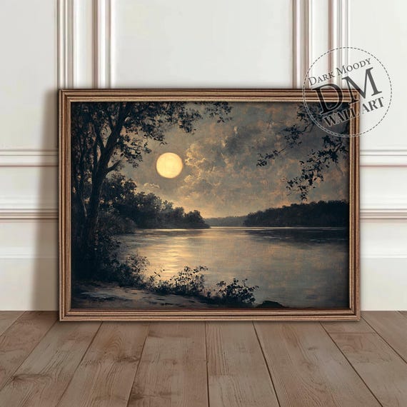 Moonlit River Moody Night Landscape Art Print