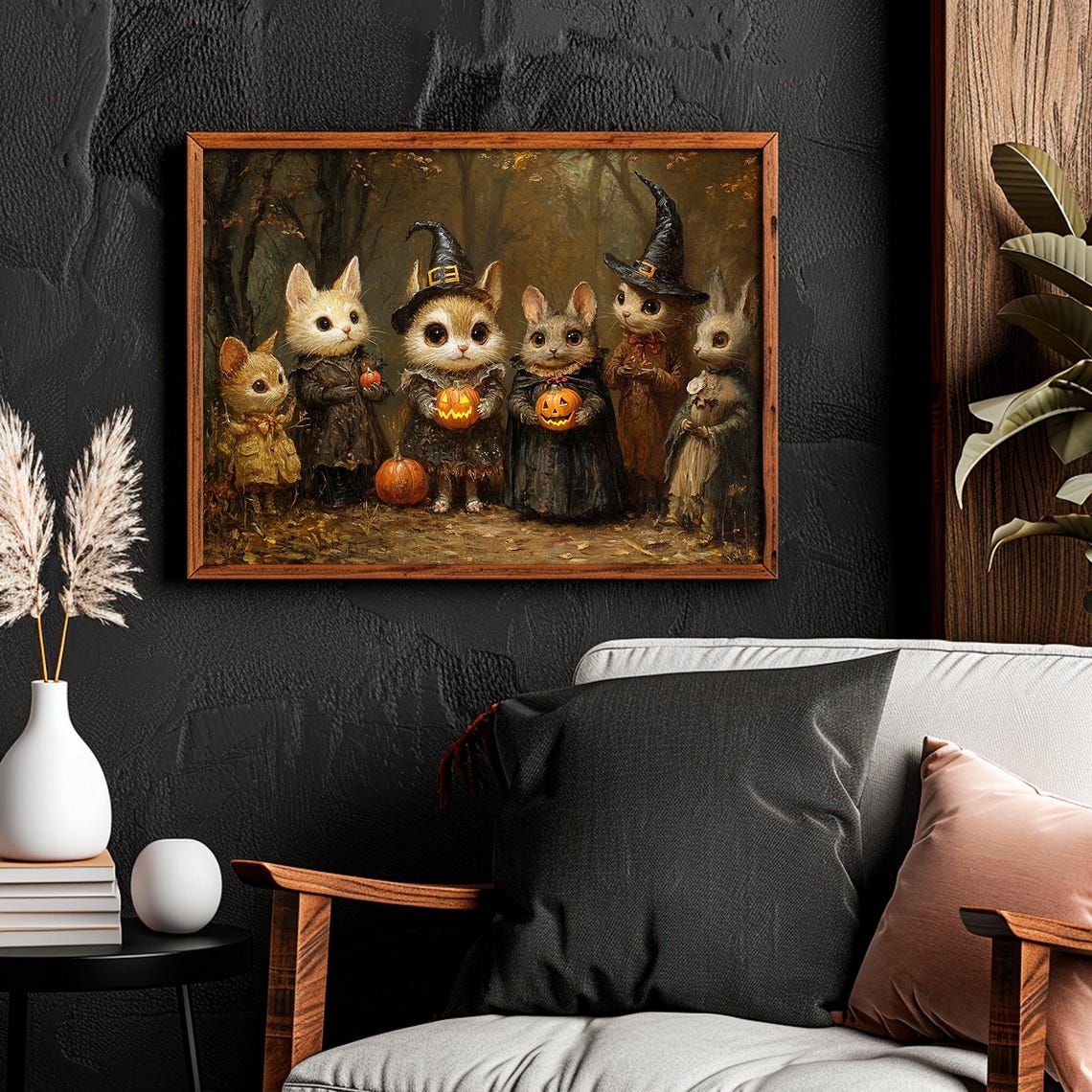 Kittens in Witch Hats Holding Pumpkins Forest Halloween Group Poster - Image 4
