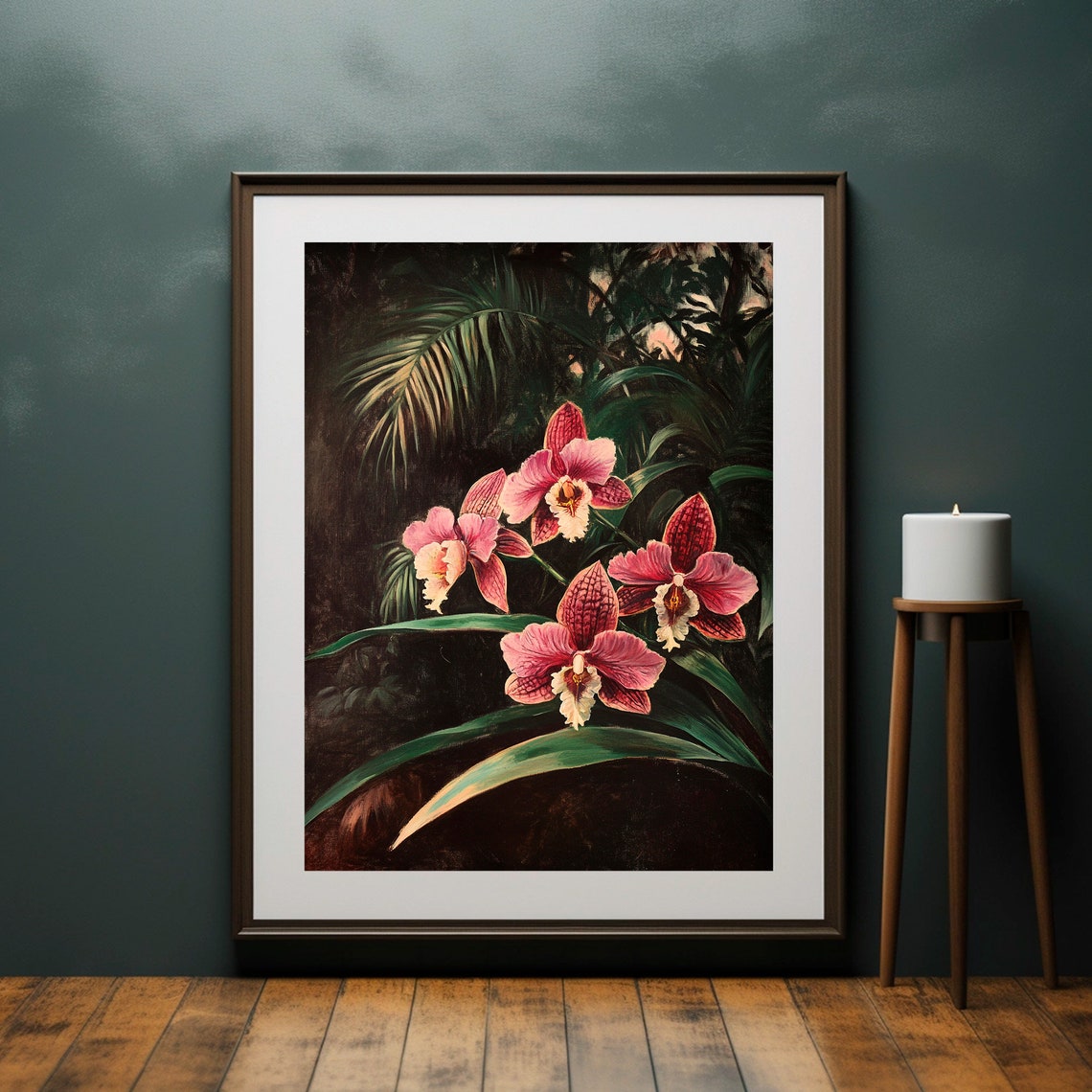 Pink Orchid Blooms Dark Jungle Botanical Painting Decor Poster - Image 4