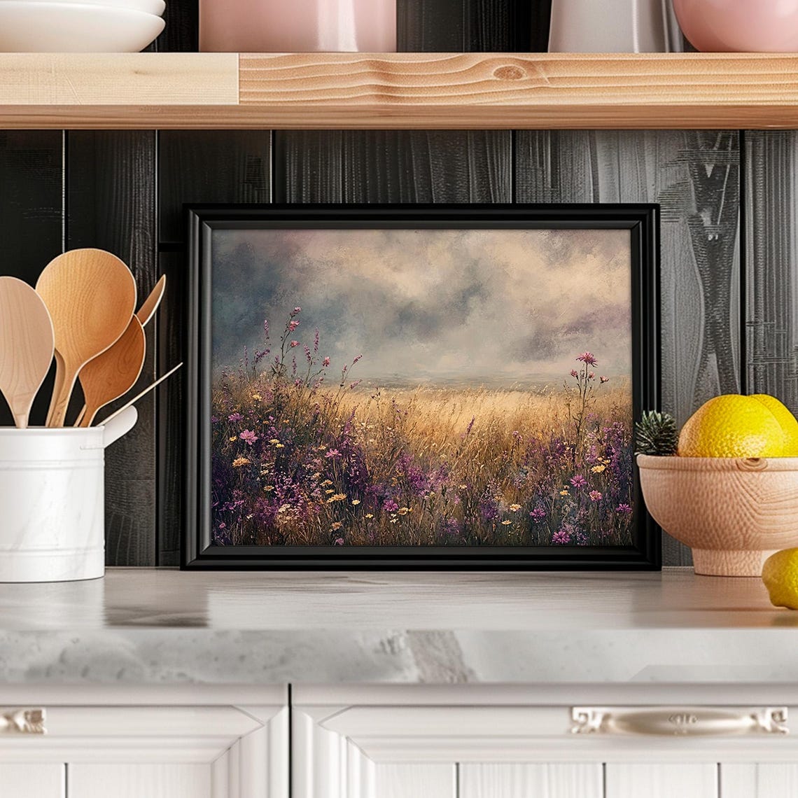Purple Wildflower Field Under Stormy Sky Moody Meadow Landscape Poster - Image 5