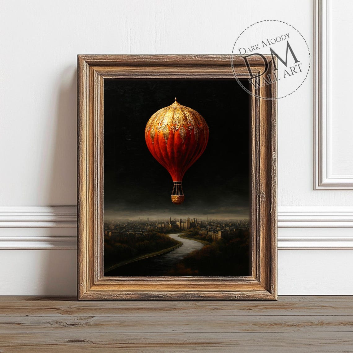 Ornate Hot Air Balloon Over Night Cityscape Moody Victorian Art Print