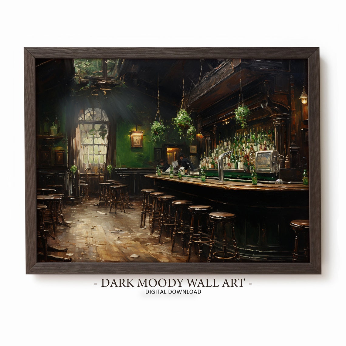 Dark Irish Pub Bar Interior Stools Hanging Plants Moody Poster