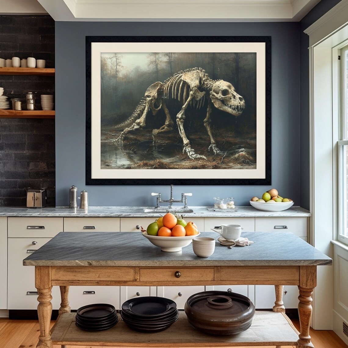 Dinosaur Skeleton Foggy Forest Prehistoric Dark Moody Painting Poster - Image 2