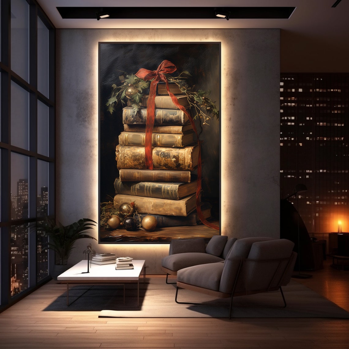 Christmas Book Stack Red Ribbon Vintage Library Painting Poster - Image 5