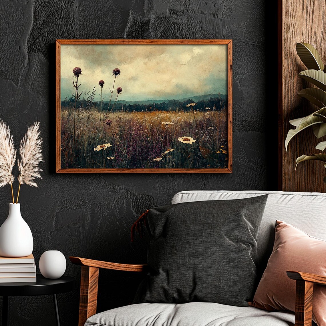 Golden Wildflower Meadow With Thistles and Daisies Misty Hillside Poster - Image 4