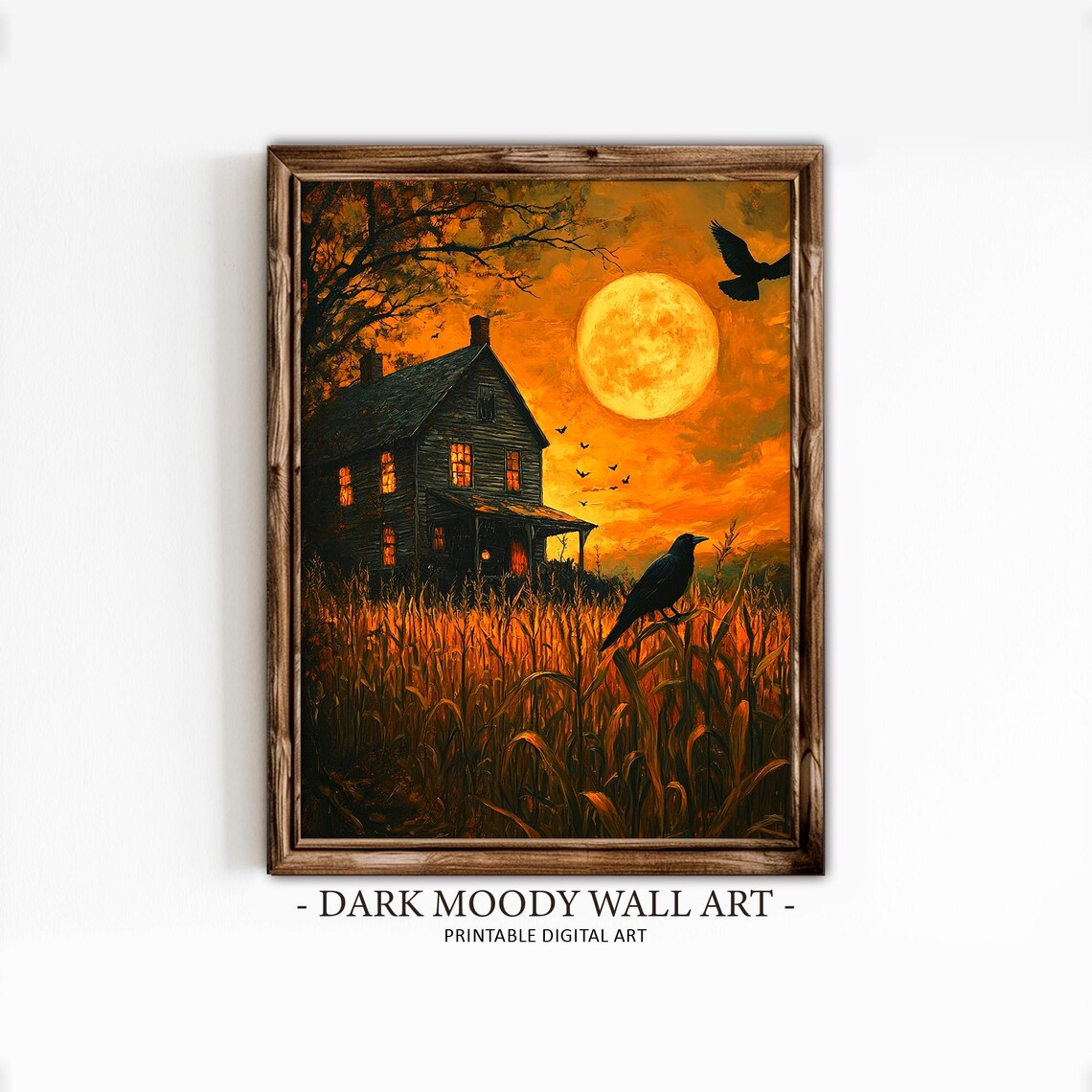 Haunted House in Cornfield With Crow Under Giant Full Moon Halloween Poster - Image 4