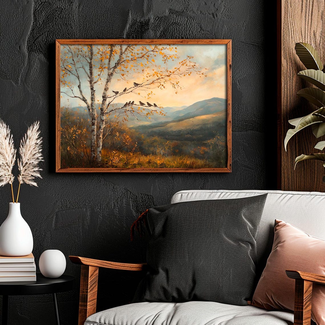 Sparrow Birds On Tree Fall Prints Moody Autumn Mountain Landscape Painting Vintage Moody Fall Wall Art - Image 6
