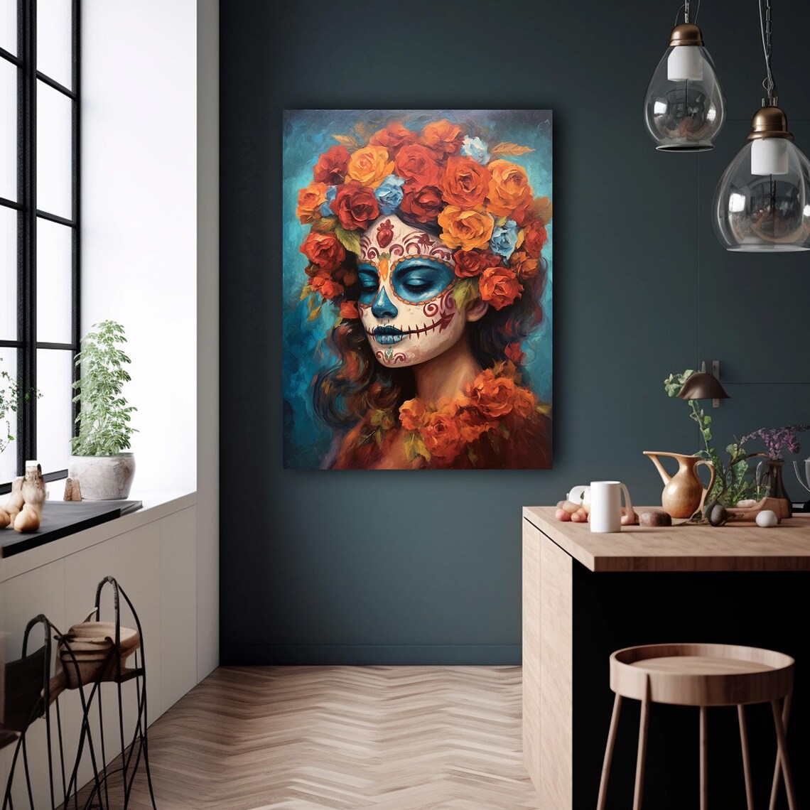 Catrina Marigold Crown Blue Background Day of Dead Art Poster - Image 6
