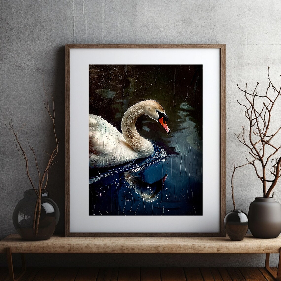 White Swan Portrait Dark Moody Water Painting Vintage Bird Wall Art - Image 2