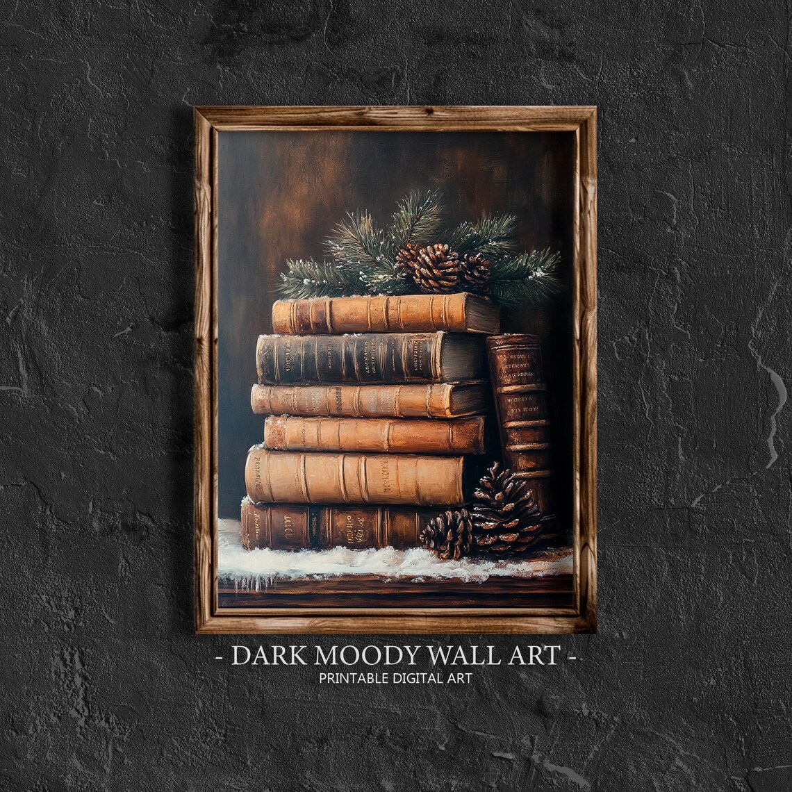 Vintage Books Stacked With Pine Cones Moody Holiday Winter Wall Art