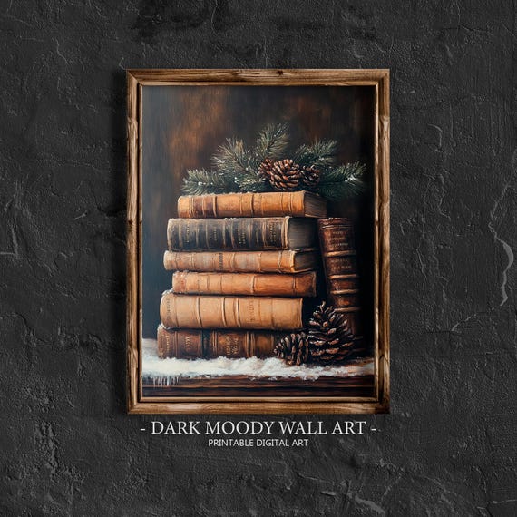 Winter Book Print Vintage Christmas Wall Art Stacked Books Art Moody Book Stack And Candle Art Pinecone Dark Academia Decor