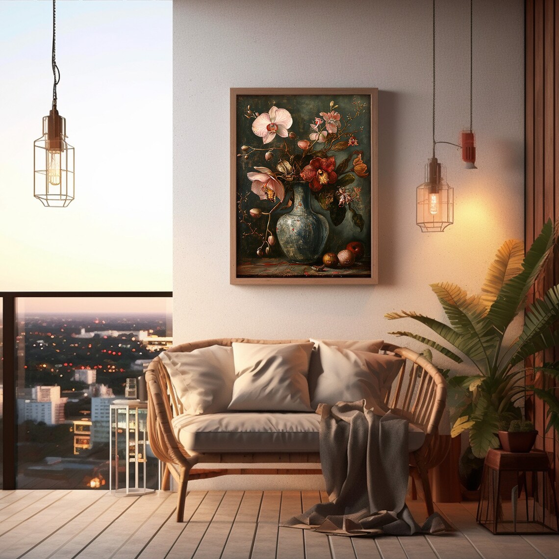 Orchid Still Life Antique Vase Dark Moody Floral Art Scene Poster - Image 2