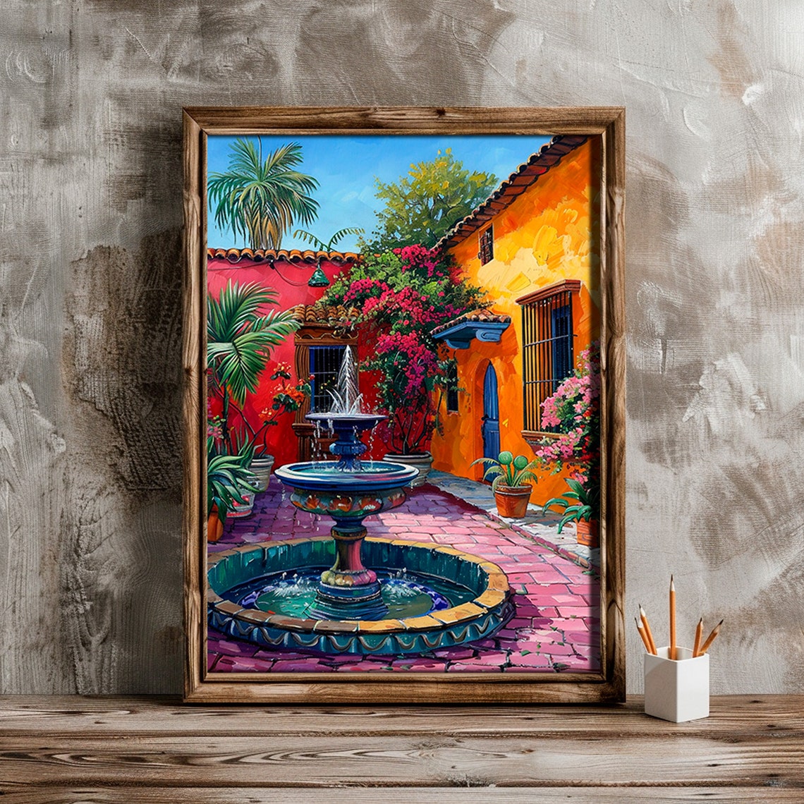 Mexican Courtyard Talavera Fountain Red Walls Palm Trees Art Poster - Image 4