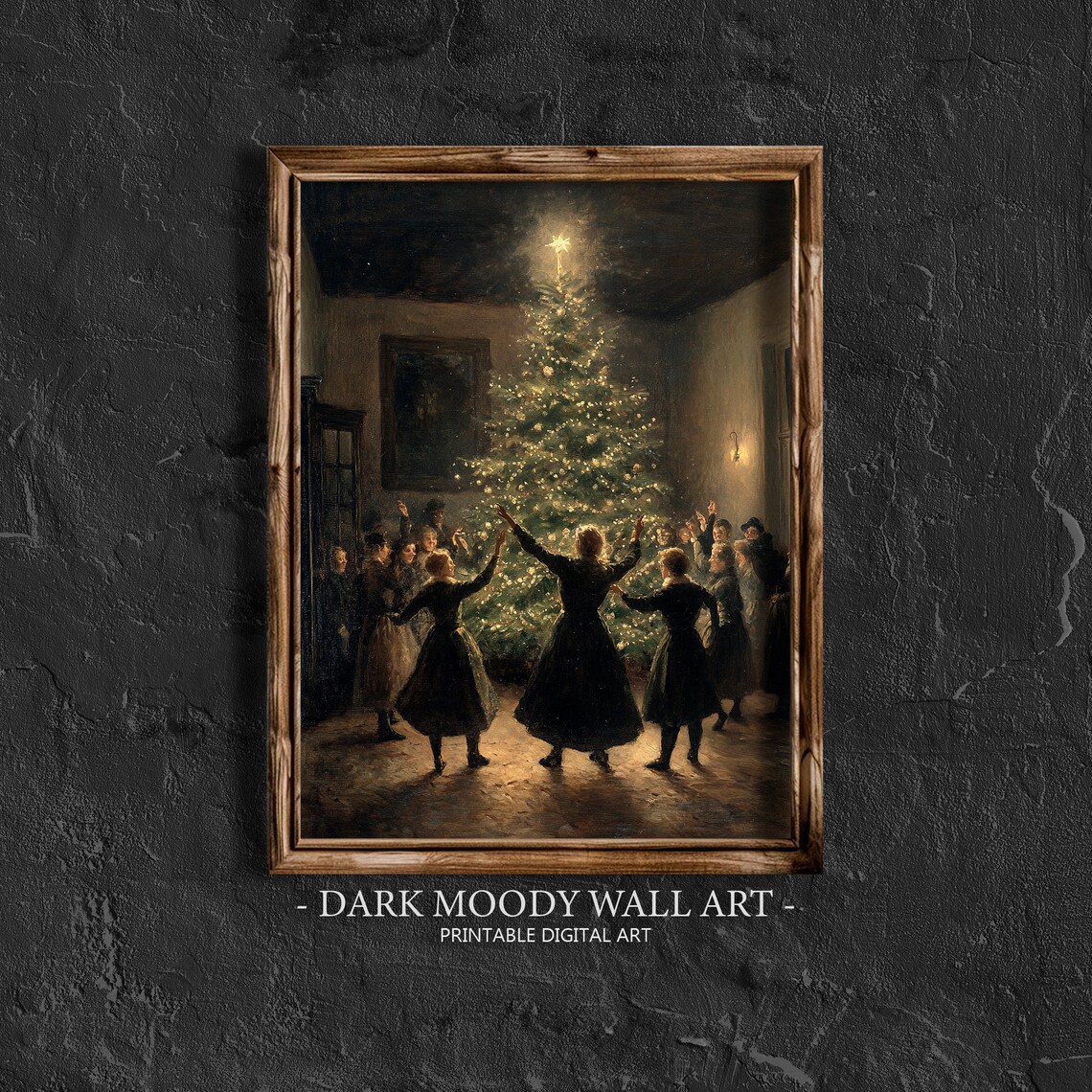 Vintage Family Dancing Around Christmas Tree Old Fashioned Art Poster