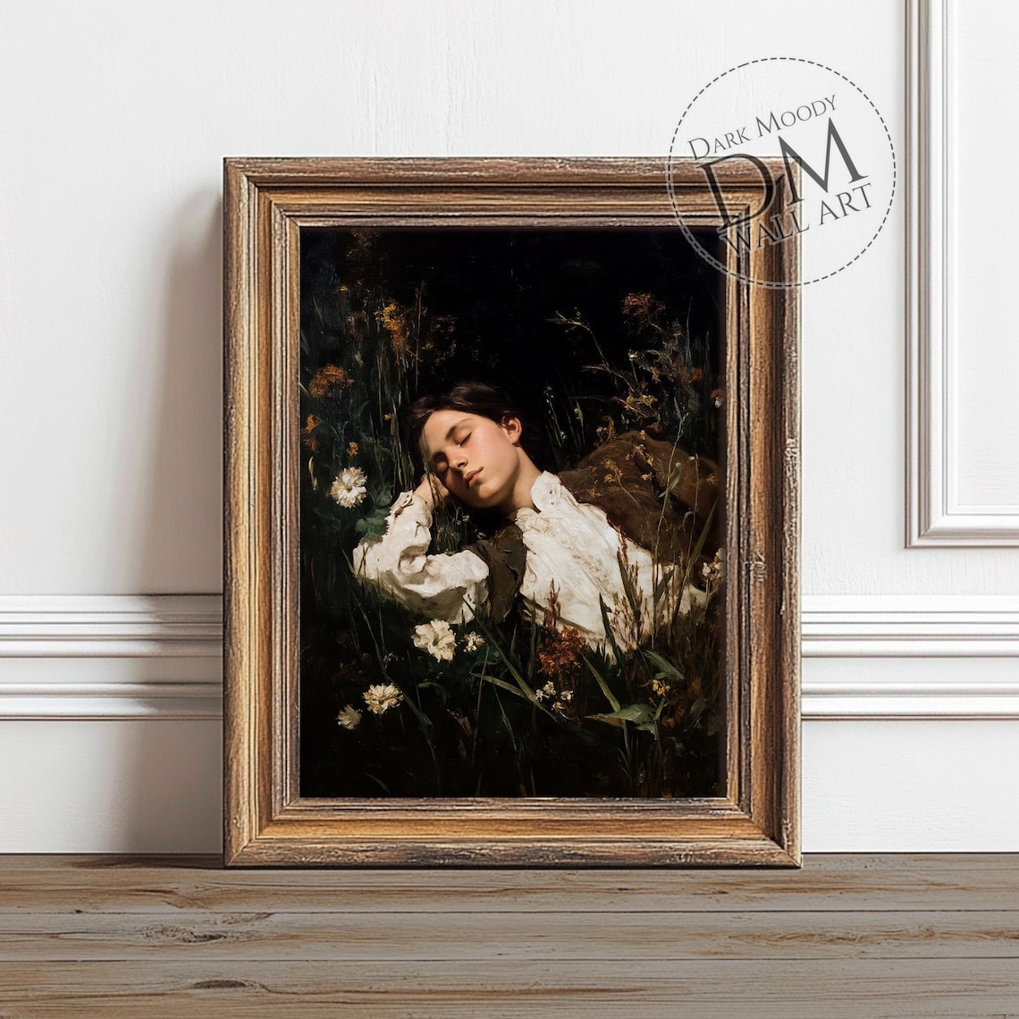 Woman Resting Among Wildflowers Dark Romantic Meadow Wall Art
