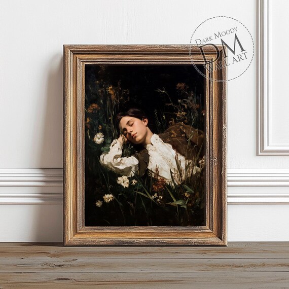 Sleeping Boy Wall Art Dark Academia Floral Portrait Print