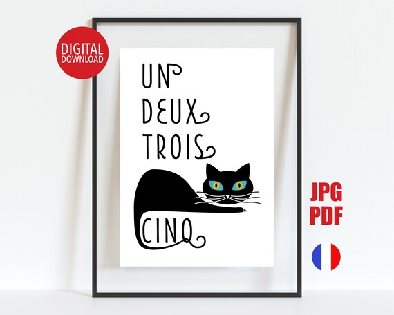 Un Deux Trois Cinq Black Cat French Counting Humor Print Decor