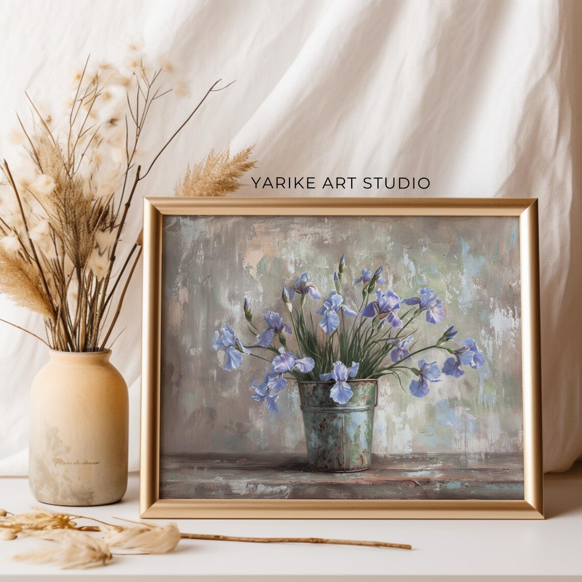 Blue Iris Flowers Tin Pail Soft Neutral Floral Still Life Poster - Image 5