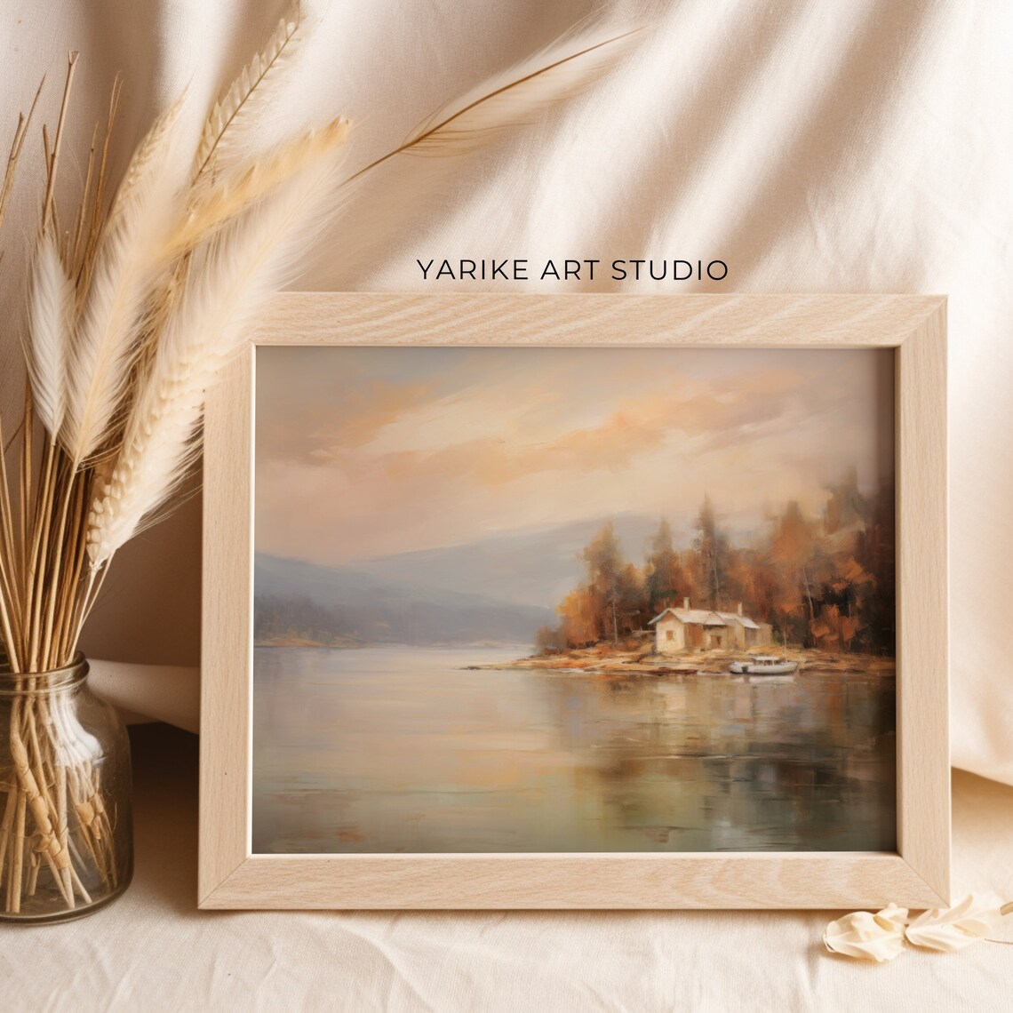 Autumn Lake Cabin with Boat Golden Sunset Serene Landscape Poster - Image 2