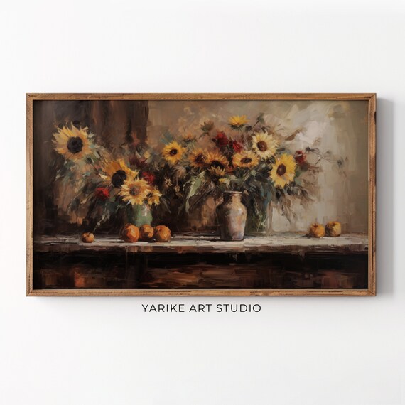 Vintage Sunflowers Vase Still Life Dark Rustic Autumn Table Poster