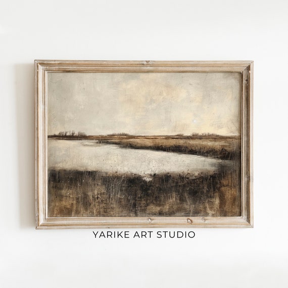 Vintage Abstract Lake Painting Dark Moody Lake House Poster Antique Wall Art Rustic Farmhouse Decor 657