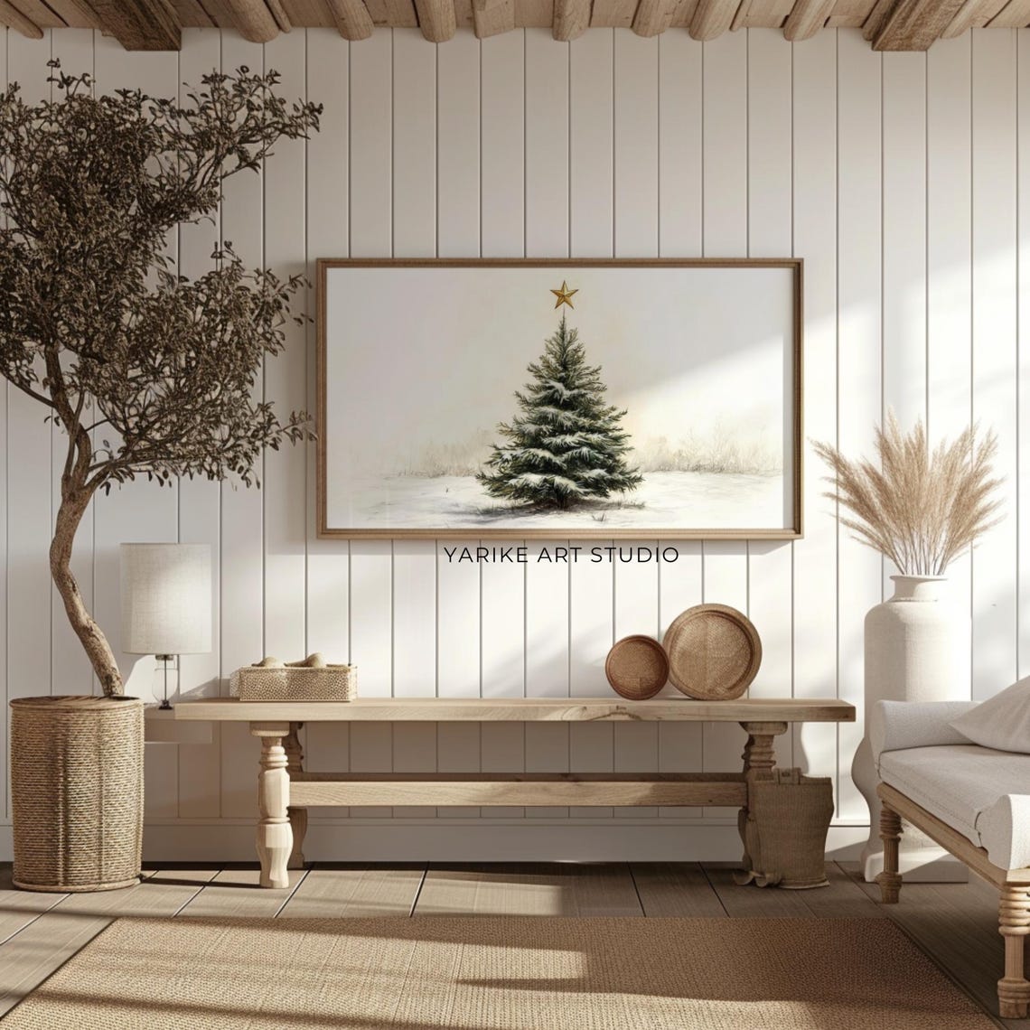Snowy Fir Tree With Gold Star Minimalist Winter Christmas Tree Poster - Image 2