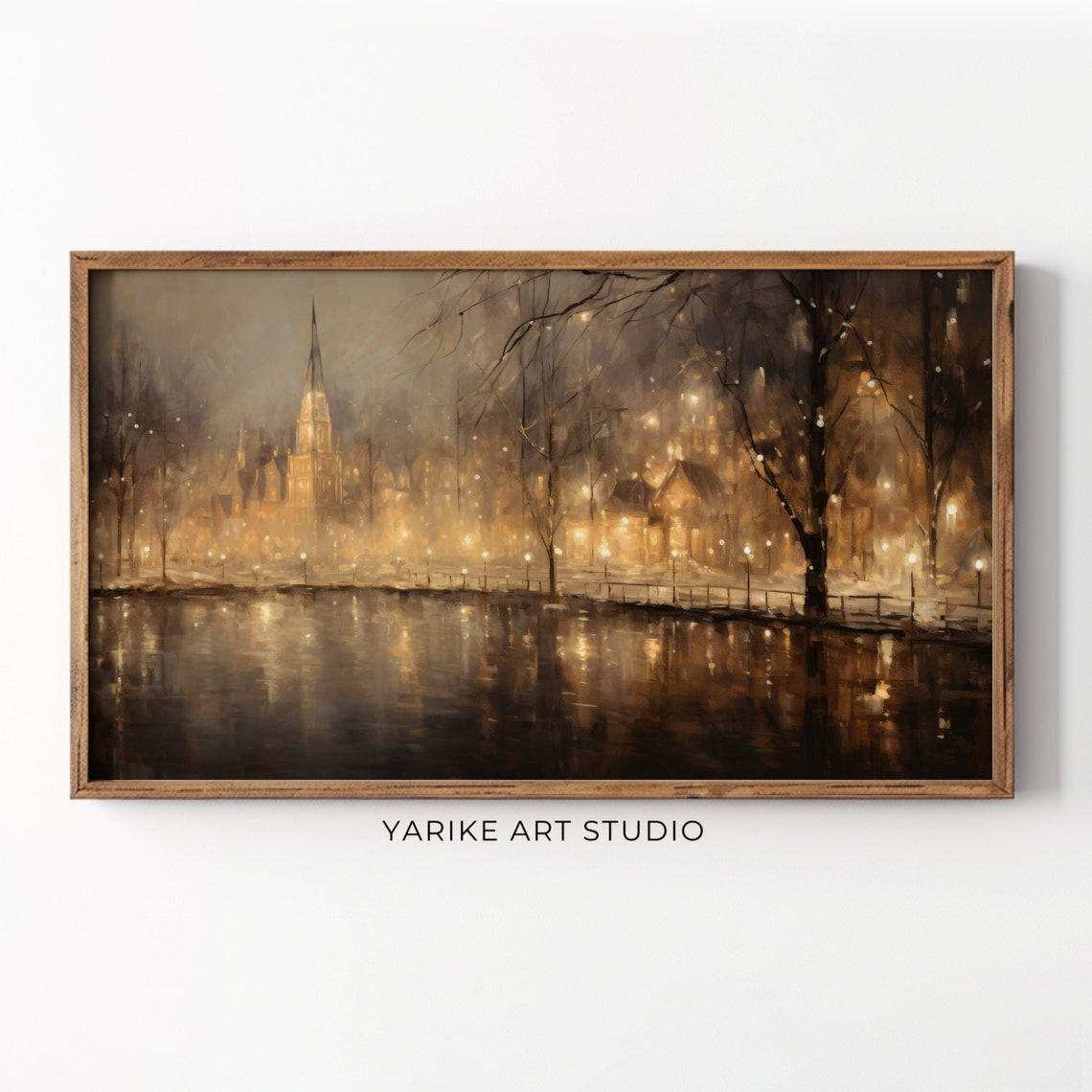 Snowy Winter Night City Church Steeple River Reflections Poster