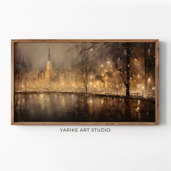 Snowy Winter Night Frame Tv Art Moody Neutral Christmas Frame Tv Art Vintage Winter City Painting Christmas Decor 75 Tv