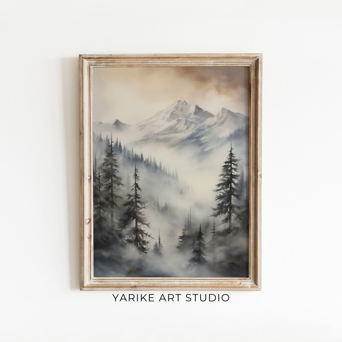 Misty Snowy Mountains Watercolor Neutral Forest Landscape Art Poster