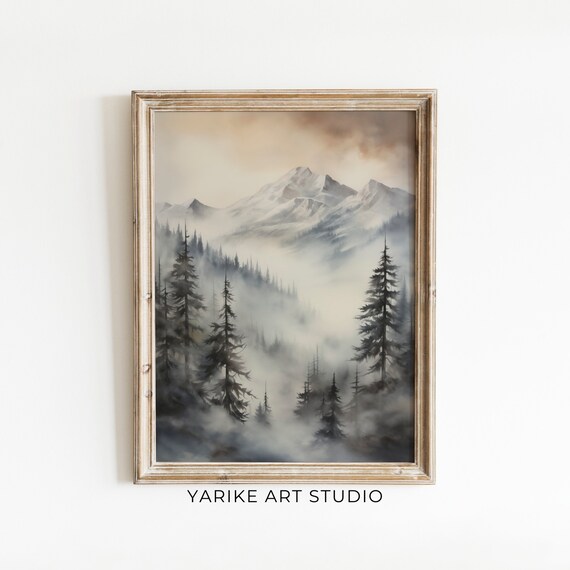 Misty Snowy Mountains Watercolor Neutral Forest Landscape Art Poster