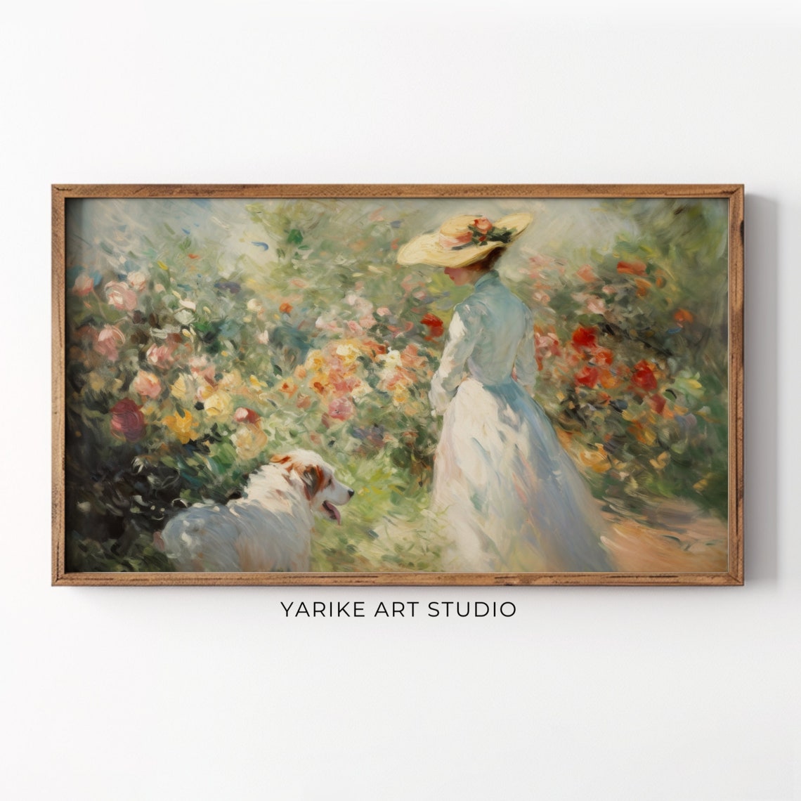 Woman in Straw Hat Strolling Rose Garden Impressionist Art Poster
