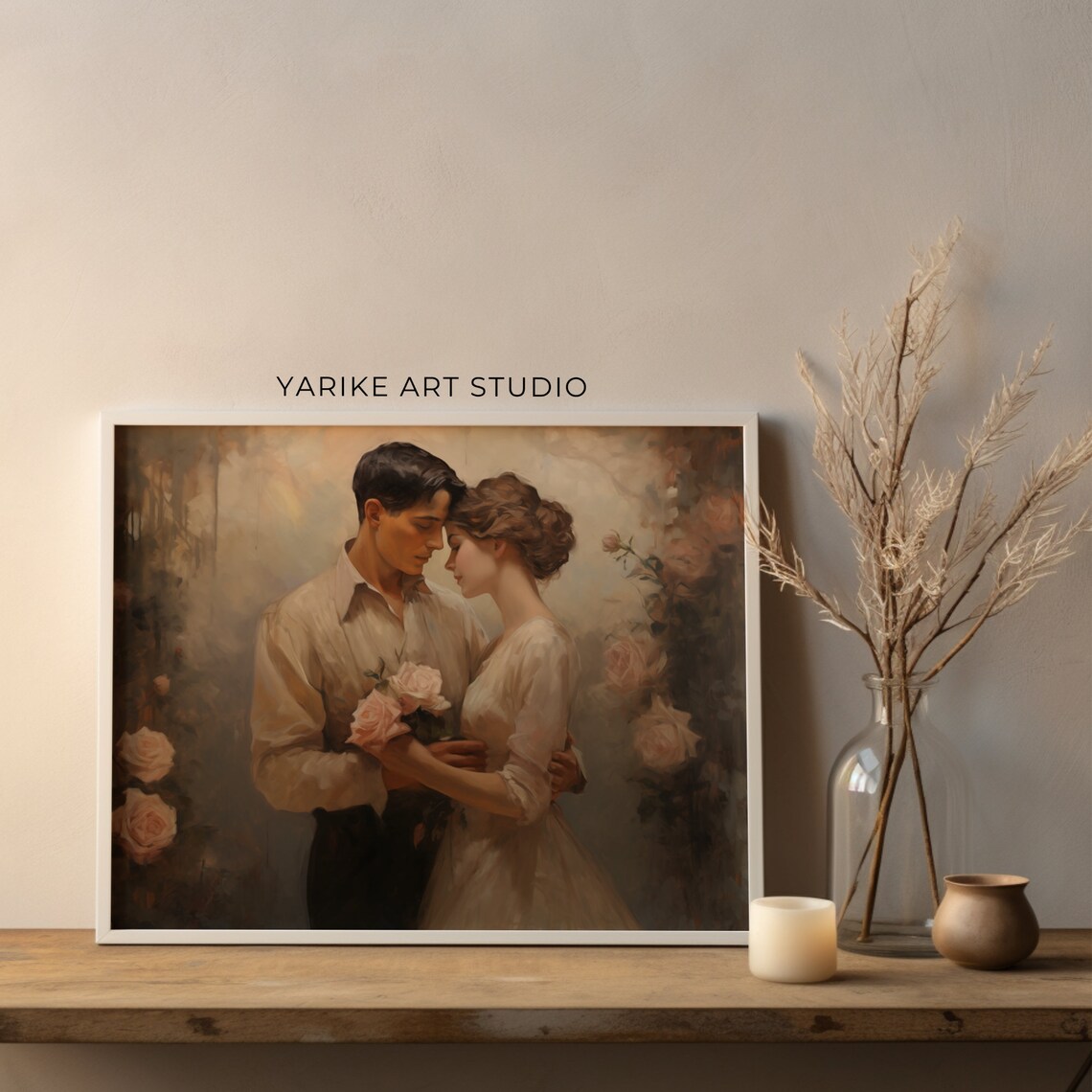 Romantic Couple Embrace with Roses Vintage Love Painting Poster - Image 2