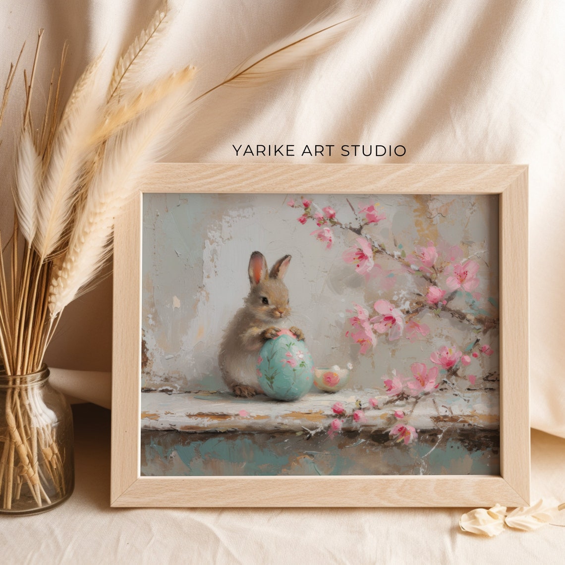 Cute Bunny with Easter Egg Cherry Blossom Spring Painting Poster - Image 2
