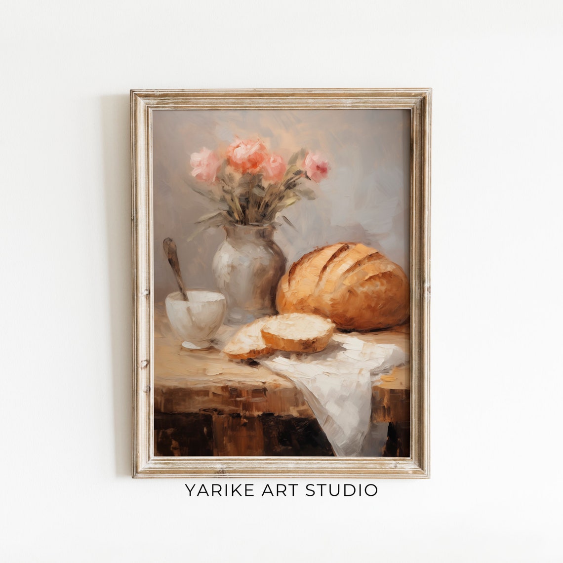 Crusty Bread Loaf Still Life With Pink Flowers Vintage Kitchen Print