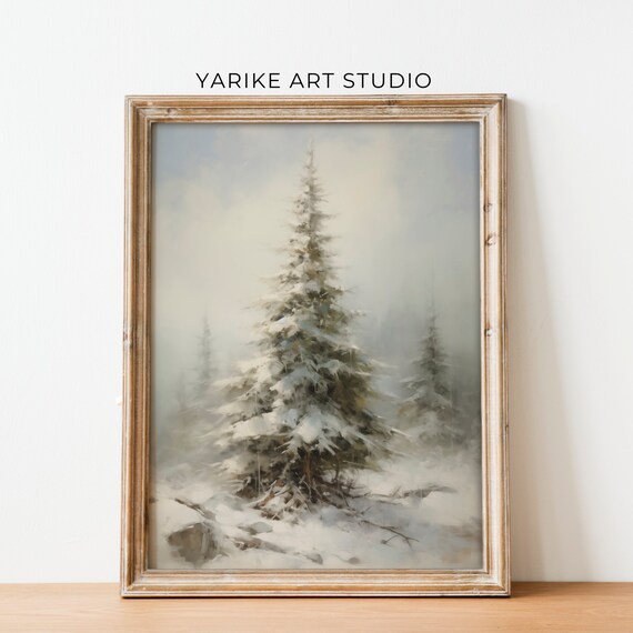 Snow Covered Lone Pine Tree Foggy Winter Forest Painting Poster