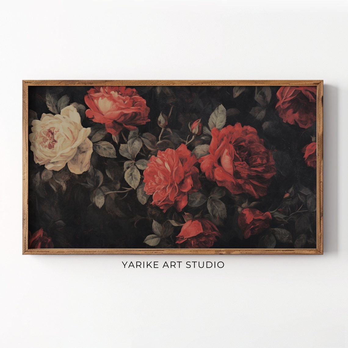 Red Roses Dark Moody Floral Bouquet Vintage Botanical Poster