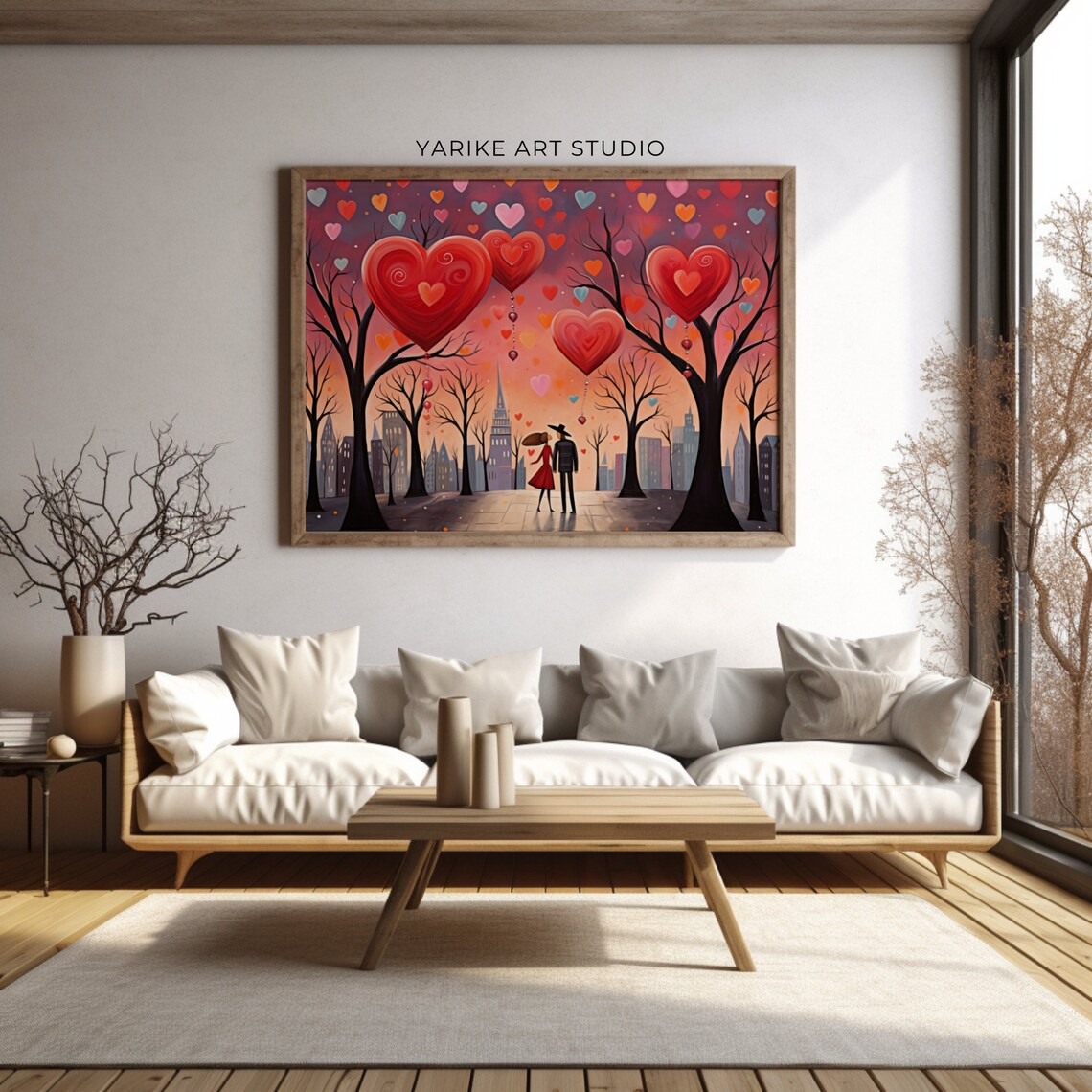 Couple Under Giant Red Hearts Cityscape Folk Valentine Poster - Image 3