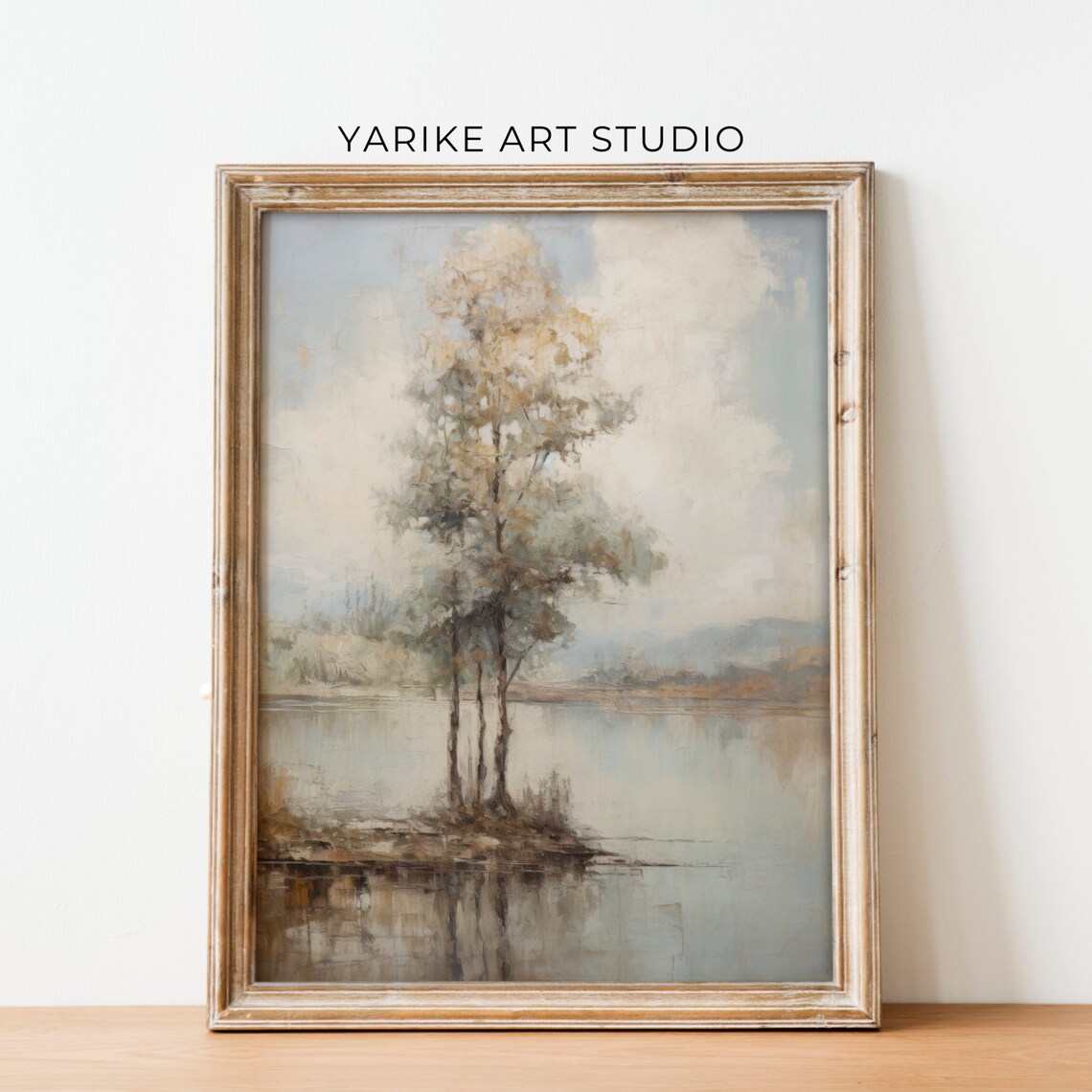 Tall Elegant Trees Reflected on Still Lake in Soft Pastel Tones Art Print - Image 2